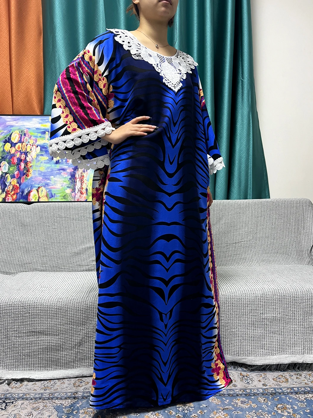 Muslim Abayas For Women Appliques Lace Cotton Long Sleeves Loose Femme Robe African Nigeria Evening Dresses With 200x100cm Scarf