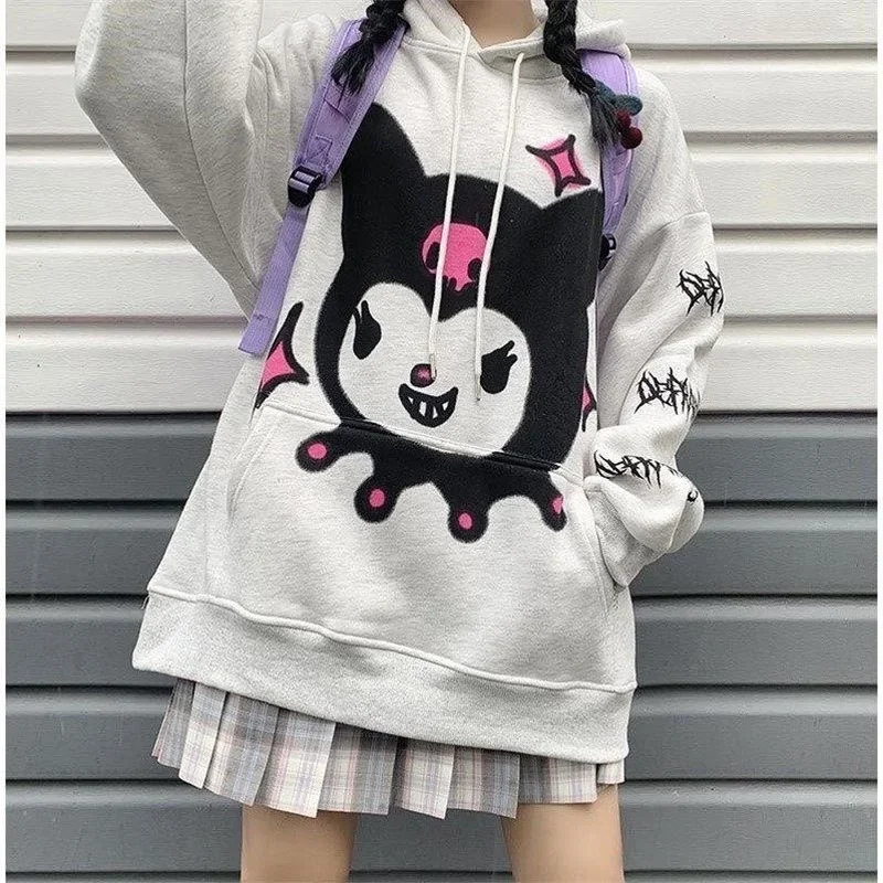 Women Cute Long Sleeve Casual Velvet Hooded Pullovers Harajuku Anime Kawaii Hoodies Japanese E Girl Streetwear Loose Sweatshirt
