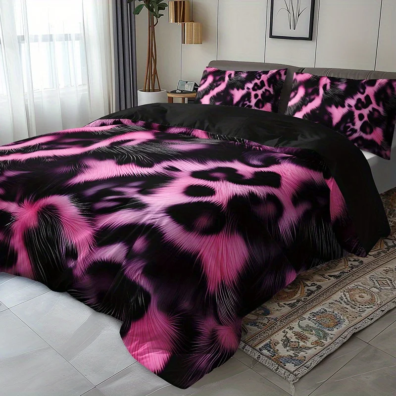 2/3Pcs Pink Leopard Print Duvet Cover Set, HD Print Soft Breathable Light Beige Bedding with Pillowcases, All Season Home Dorm