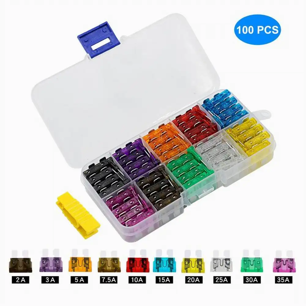 

100Pcs Auto Truck Standard Blade Fuse Assortment 2.5/3/5/7.5/10/15/20/25/30/35A Car Fuse Car Fuses Kit Assorted With Box Clip