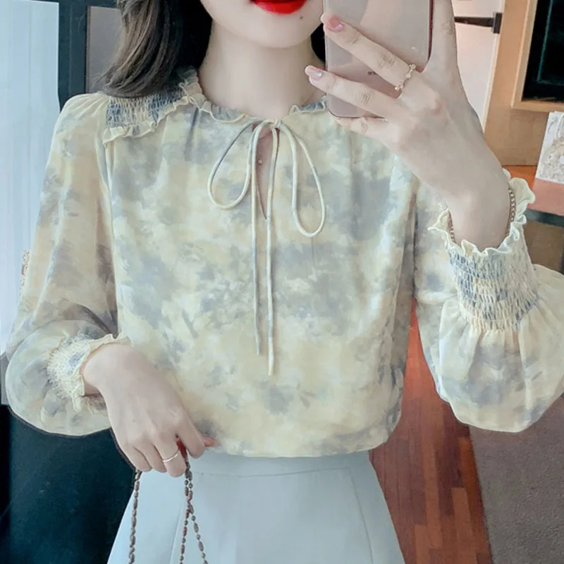 Chiffon Blouse and Tops Women 2022 Female Clothing Flower Long Sleeves Top Blusas Femininas Flare Sleeve Print Peter Pan Collar