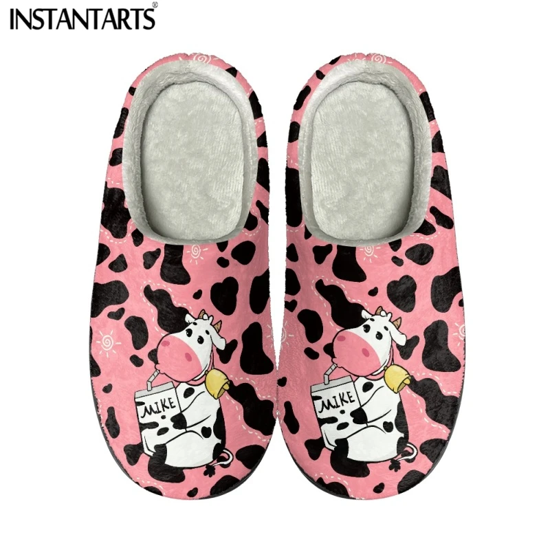 

INSTANTARTS Pink Cow Cartoon Pattern Comfort Indoor Floor Slipper Casual Lightweight Unisex Plush Slippers zapatillas de mujer