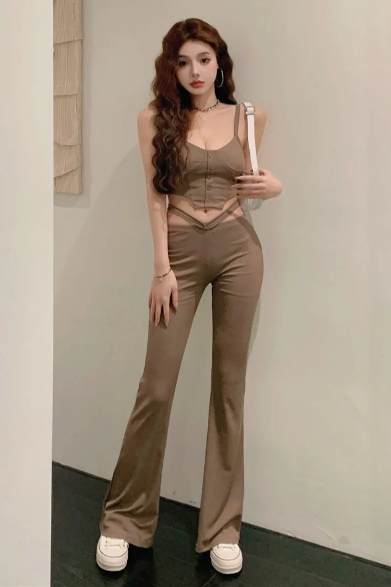 Women Suit Pants 2022 New Solid Sexy V-shaped Waist Wide Leg Pants Tight Design Suspender Vest Fashion Two-piece Set