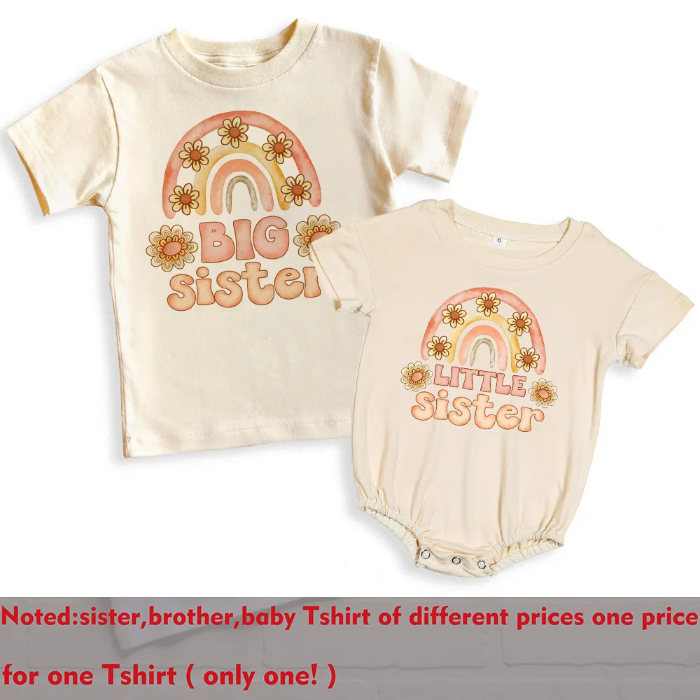Big Sister Little Sister Rainbow Shirt Retro Sibling Matching Outfit Kids Short Sleeve T-shirt Tops Baby Large Bubbles Romper 3
