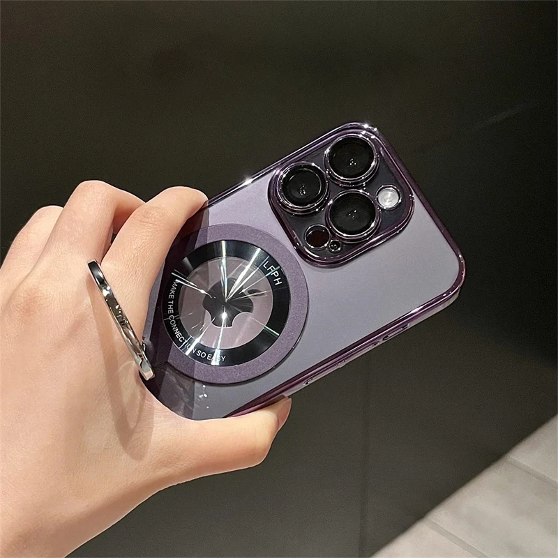 Plating Transparent Ring Bracket Stand Magnetic Case iPhone 15 Pro Max 14 13 12 11 For Magsafe Wireless Charging_voghion.com
