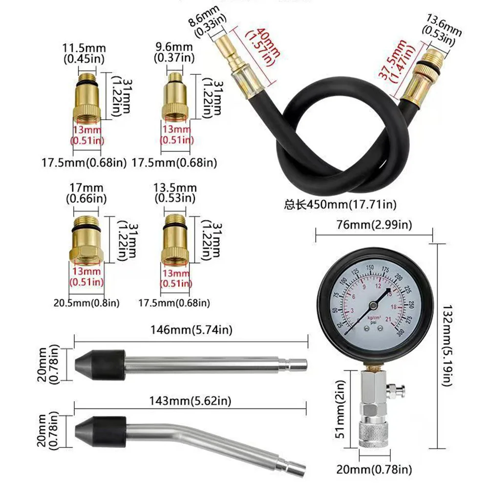 실린더 압력 게이지 키트 0-300PSI 자동차 트럭 오토바이 엔진 압축 테스터 도구용 어댑터 포함