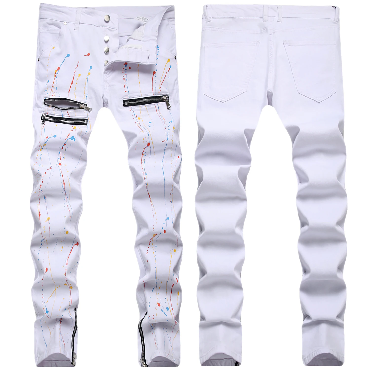 

High Quality Men’s Stretch Slim-fit White Jeans,Light Luxury Zipper Decorating Colorful Splash Jeans,Stylish Sexy Street Jeans;