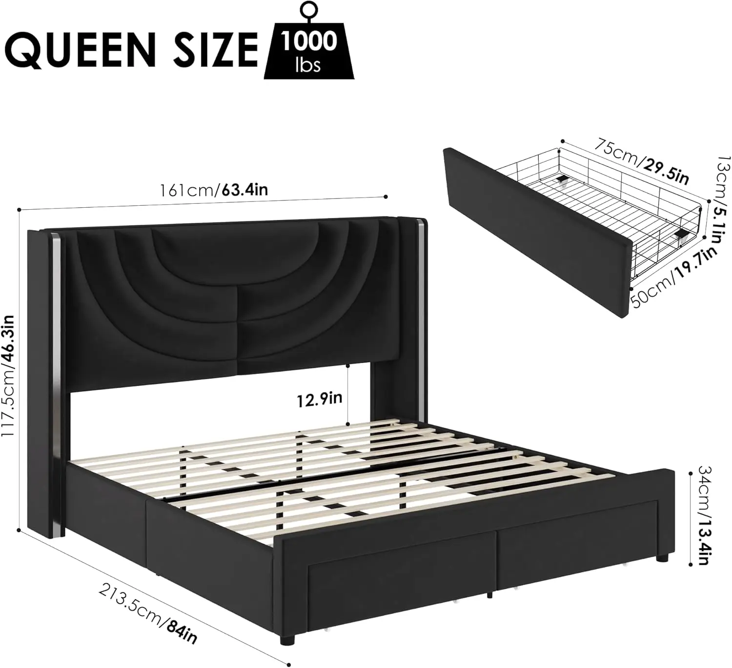 Queen Upholstered LED Bed Frame with 2 Storage Drawers, Velvet Platform Bed with Wingback Headboard, Solid Wooden Slats Support