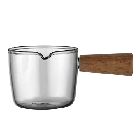 Heat-resisting Glass Espresso Measuring Cup, Milk Jug with Wooden Handle, Coffee Shop Handle, Breakfast, Honey Jam Cup, Accessor