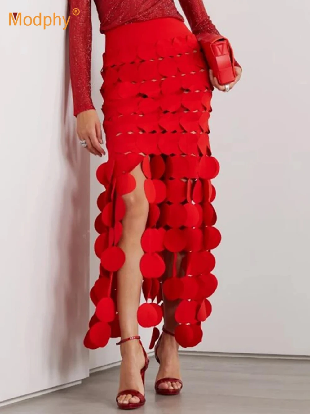 

Женская длинная юбка в горошек, красная, черная юбка в стиле пэчворк с бахромой и вырезами, облегающая юбка с драпировкой, элегантные вечерние Клубные юбки, новинка 2024