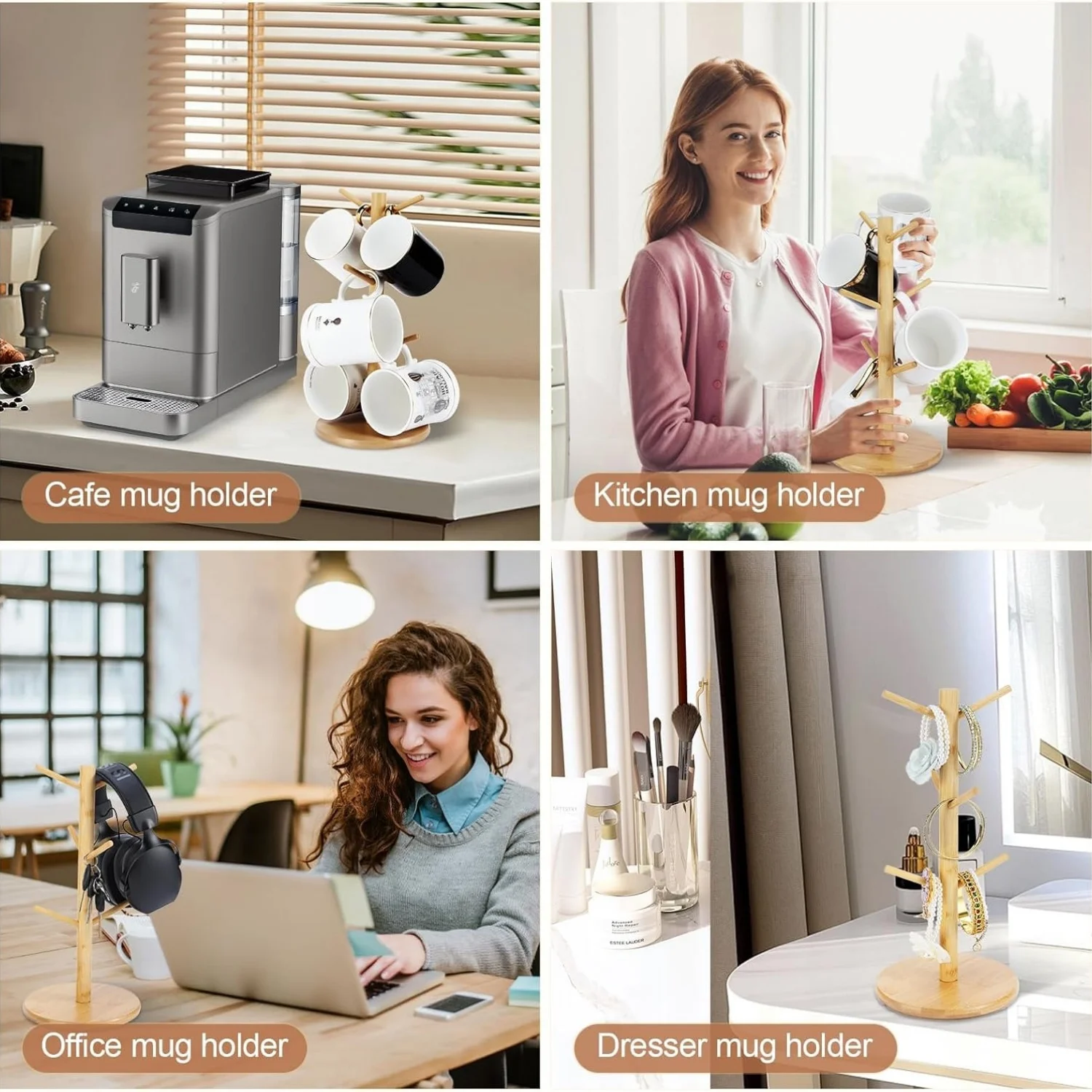 Bamboo Mug Holder 6 Hooks Coffee Cup Holders Tree Sturdy Mug Tree Rack Stand Ideal for Counter Organizer Space Saver 2