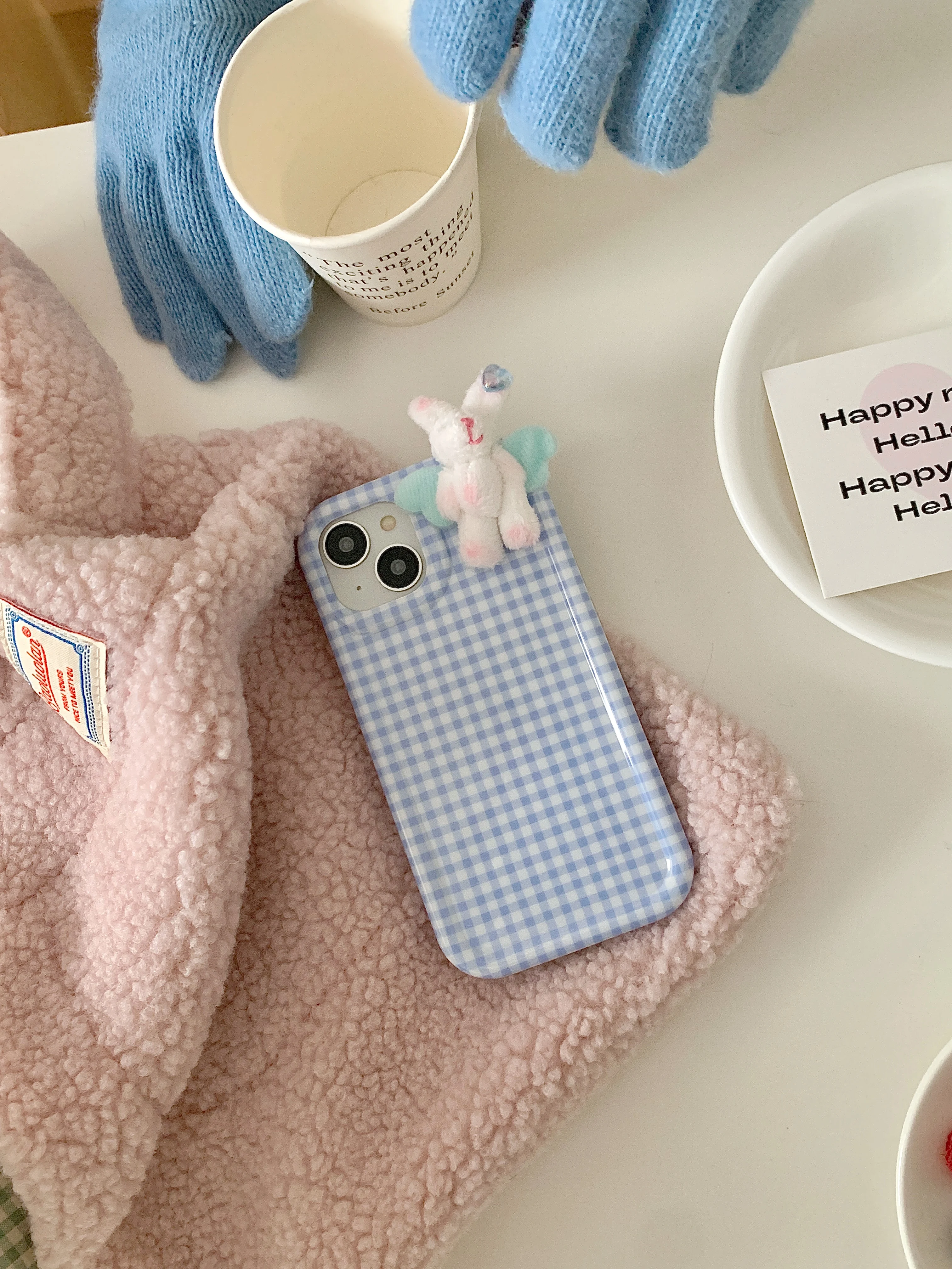 Korean INS Cute Cartoon Furry Wing Bear Check Case for iPhone 15 14 13 Pro Max 12 Pro Plus 11 Shockproof Soft Silicone IMD Cover