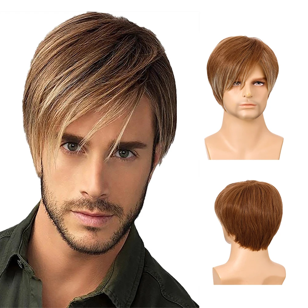 Men Short Natural Brown Straight Wigs for Men's Daily Wig with Bangs Nature Looking Heat Resistant Breathable мужские кроссовки nike air force 1 07 lx next nature brown kelp dc8744 301