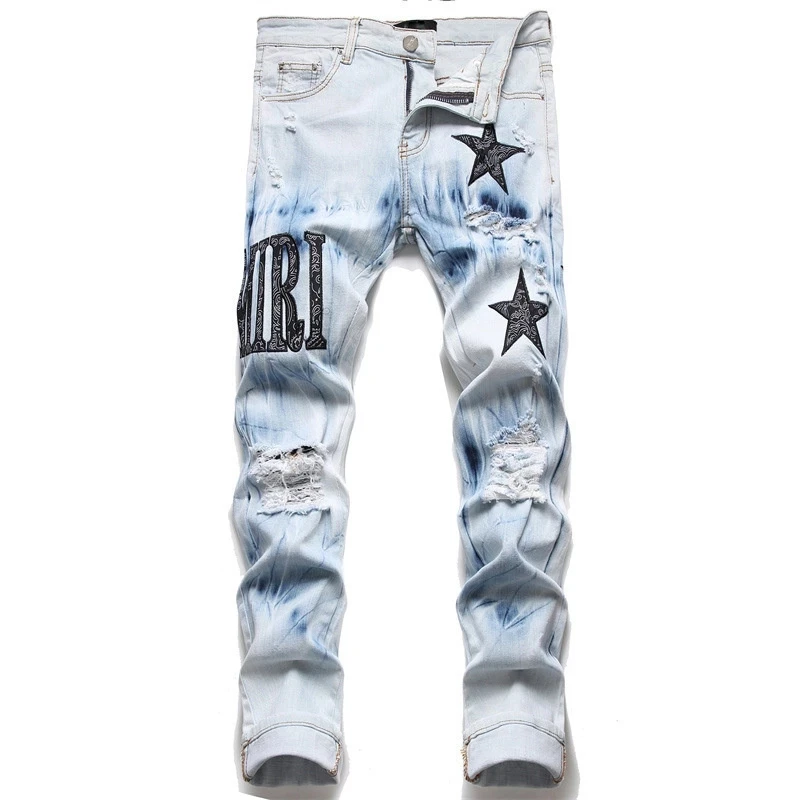 

European Jean Men's Fashion Ripped Stretch Jeans Slim Fit Versatile Pants Casual Hip Hop Pants Street Style Clothing