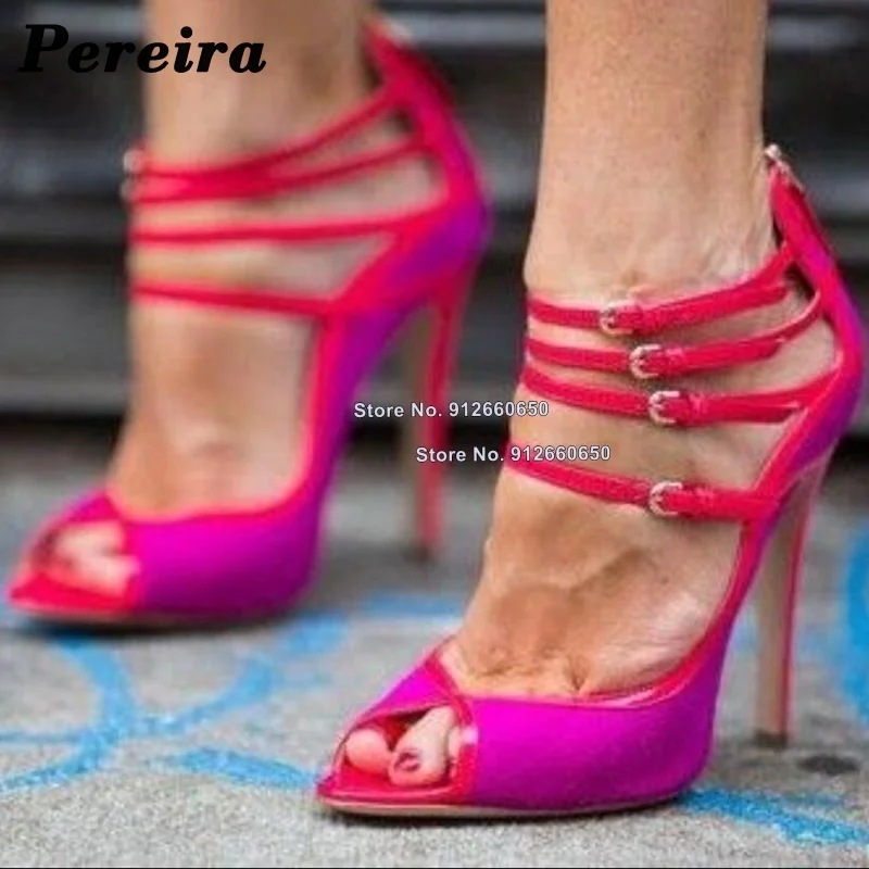 

Pereira Pink Peep Toe Back Zipper Sandals Multi Buckle Women Heels Stilettos High Heels Ankle Buckle Wedding Shoes on Heels