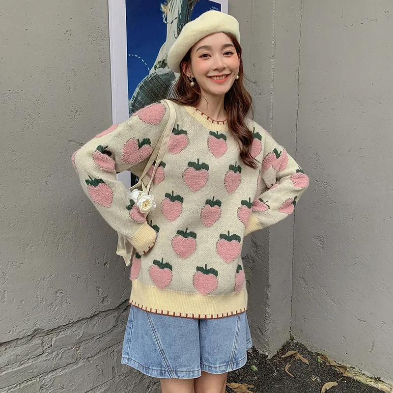 

Kawaii Strawberry Embroidery Knitted Sweaters Sweet Girls Autumn Winter O-Neck Warm Loose Casual Pullovers Chic Student Jumpers