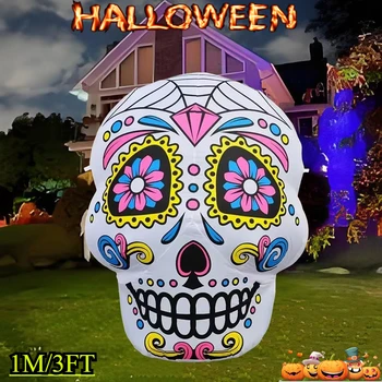 3FT Inflatable Toys Halloween Decorations Sugar Skull Blown Up LED for Lawn Yard Garden Indoor Outdoor Home Party Holiday Decor