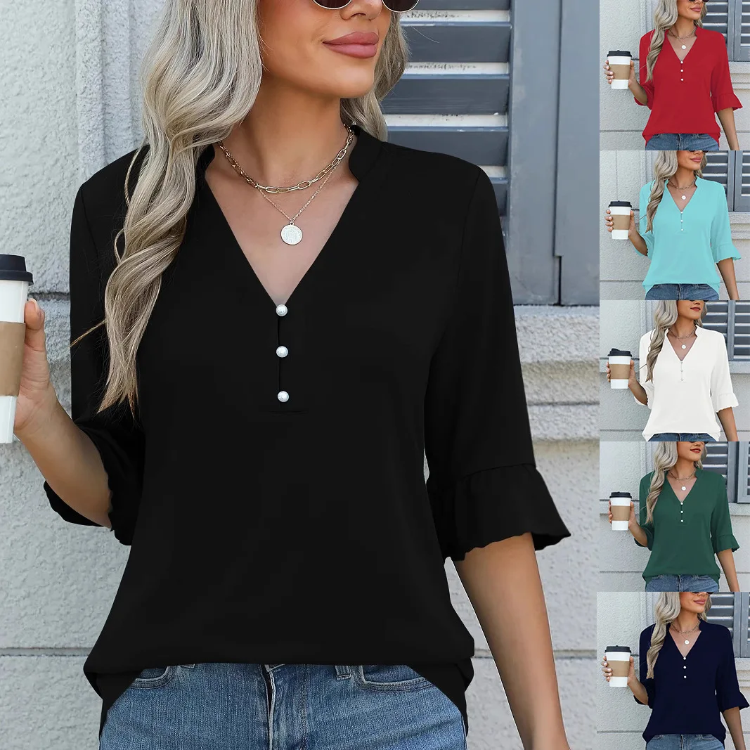 T Shirt Donna Firmate Manica Corta Cotone T-Shirt Offerta Scollo a V Elegante Magliette Estiva Moda Casual Basic Tee Maglia Curvy Estate 2025 Moda Tshirt Tinta Unita Nera Sportiva Blusa Classica