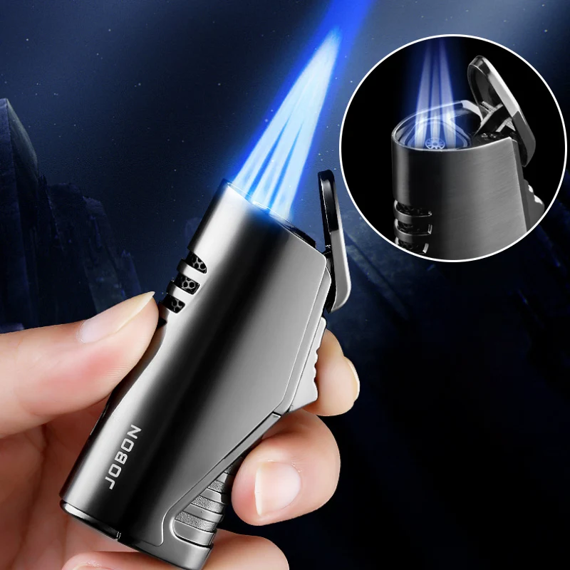 Description Picture 3 of itemJOBON Metal Triple Torch Jet Lighter Pipe Lighter With Cigar Cutter Visible Gas Window Windproof Flame Lighter Gadgets For Men