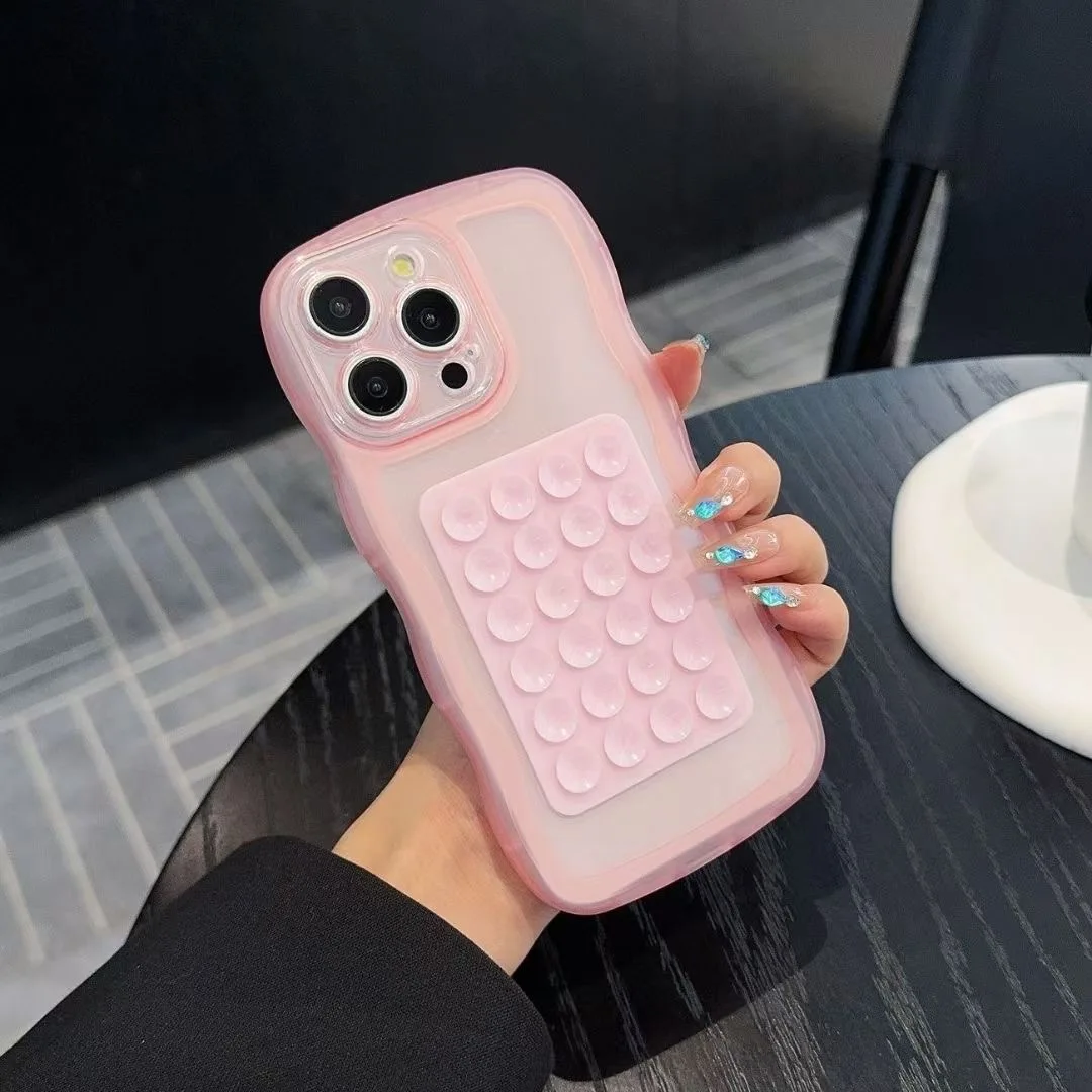 Transparent Shockproof Soft Back Phone Case with Suction Cup Stand and Wave Border Design
