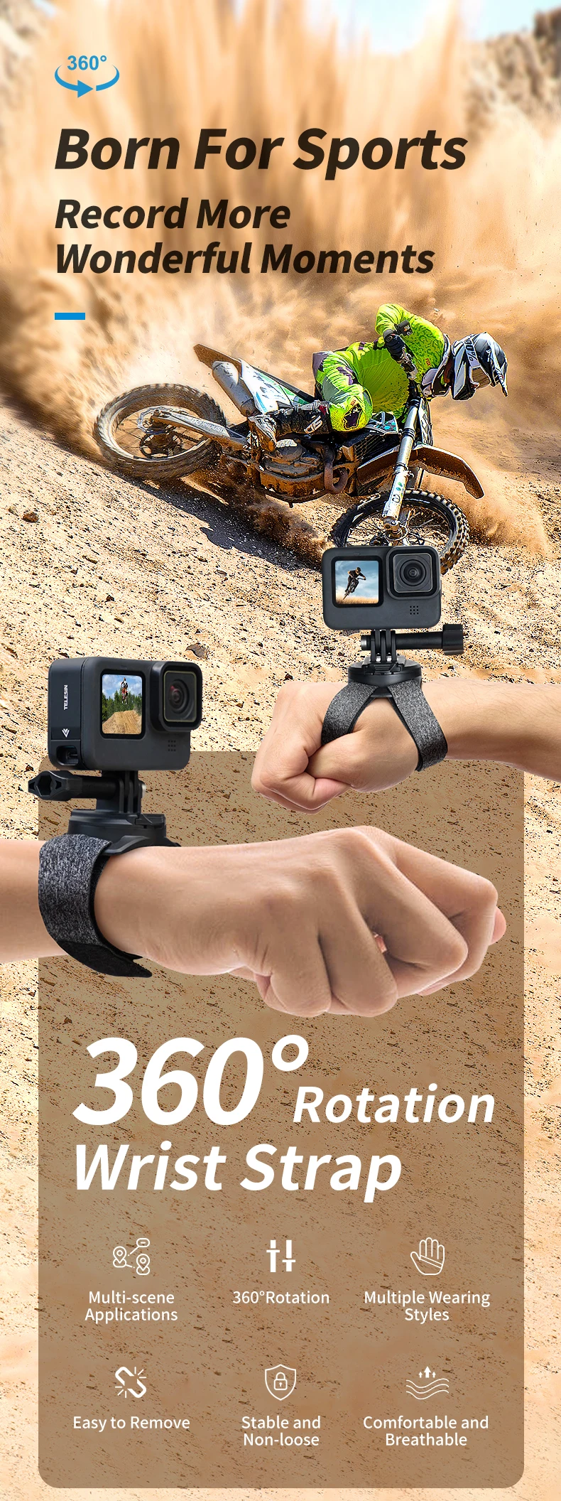 360° Rotation Hand Wrist Strap Quick Adjustment Angle Mount for Hero 10 9 8 7 6