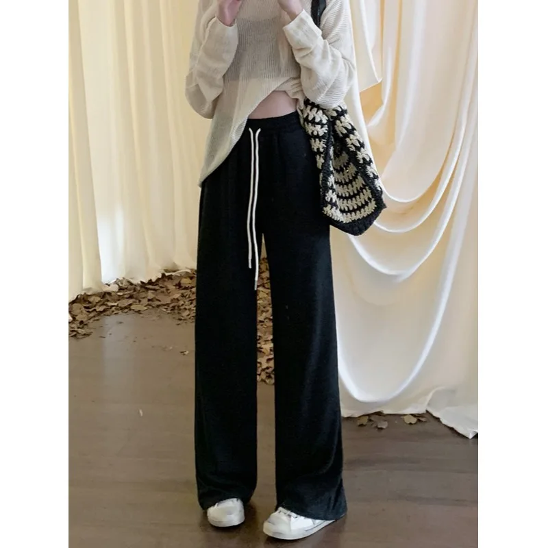 Drawstring Elastic Waist Grey Casual Wide Leg Pants For Women's Autumn Wear Dropped Straight Leg Pants Loose High Waist Pants