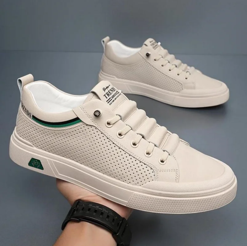 New Shoes for Men Genuine Leather Casual Shoes Street Trend Flat Skateboard Shoes Summer Breathable Cow Leather Sneaker 5