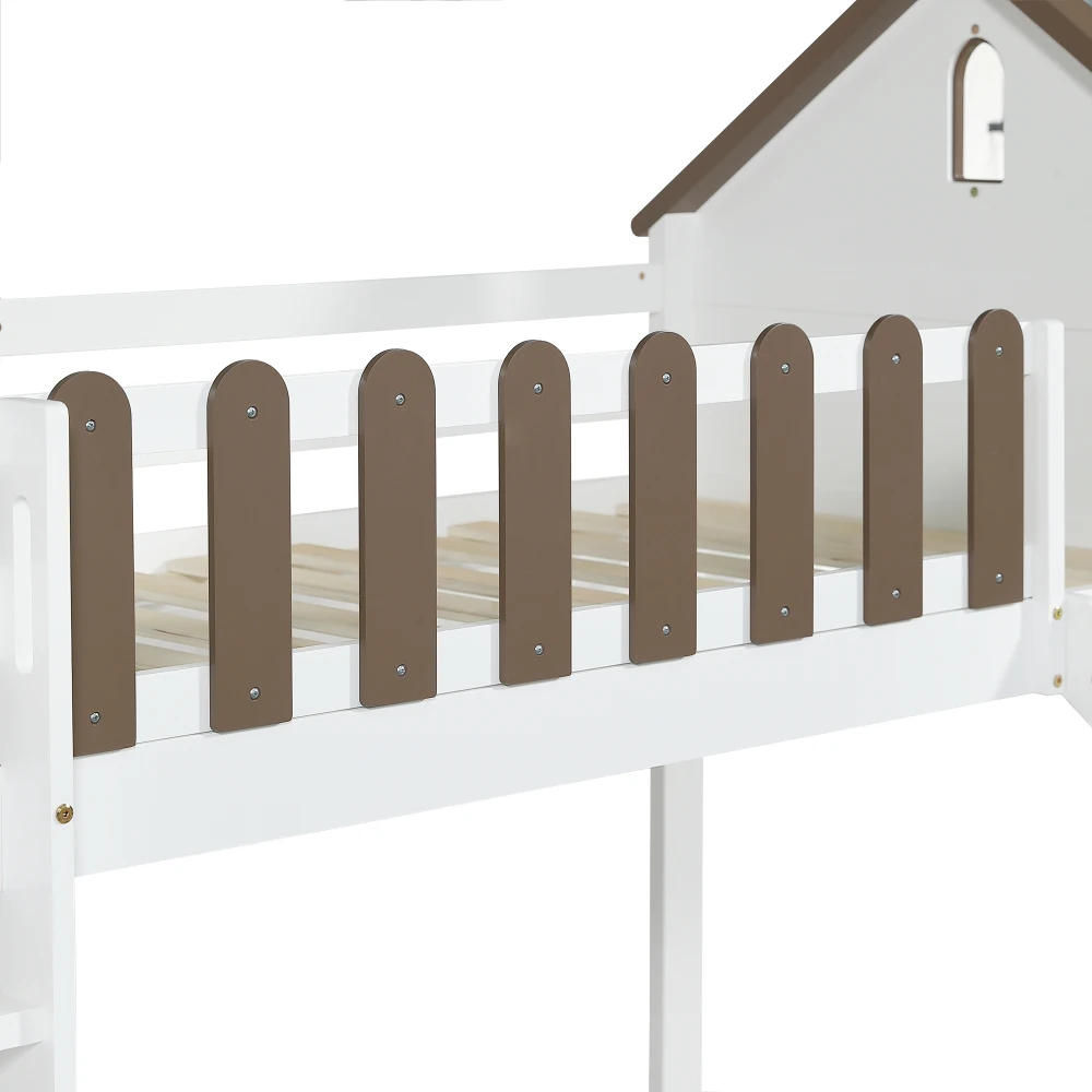 90x200cm Hochbett, mit Dach und Fenster, mit dreistufiger gerader Leiter, Jugendbett, Kinderbett mit Rutsche, Weiß+Walnuss – Detail 24