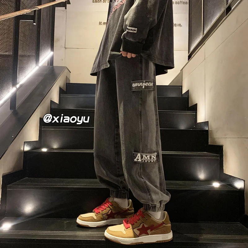 

Hybskr Letter Graphic Men's Jeans High Street Design Oversized Male Denim Pants Hip Hop Black Unisex Versatile Casual Trousers