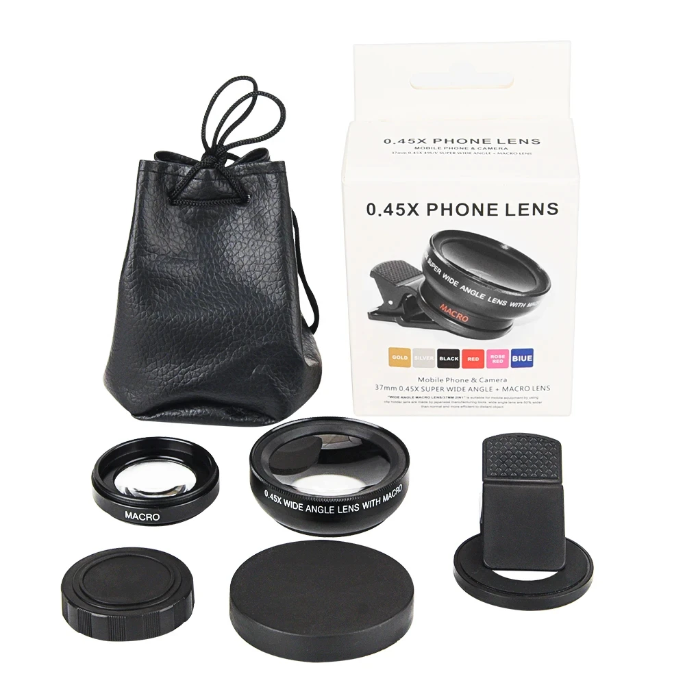 Camera Lens 2 in 1 Phone Lens kit 0.45x Ultra Wide Angle Macro External Cellphones Lens HD Universal Clip 37mm For iPhone Andr