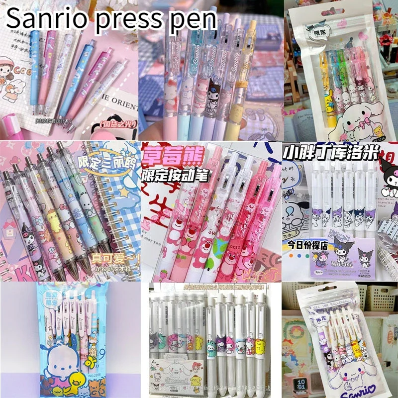 

Гелевая ручка Sanrio со стираемыми чернилами, 6 шт., милые школьные принадлежности, синяя ручка для подписей с прессом, Подарочная коробка для детей, 0,5