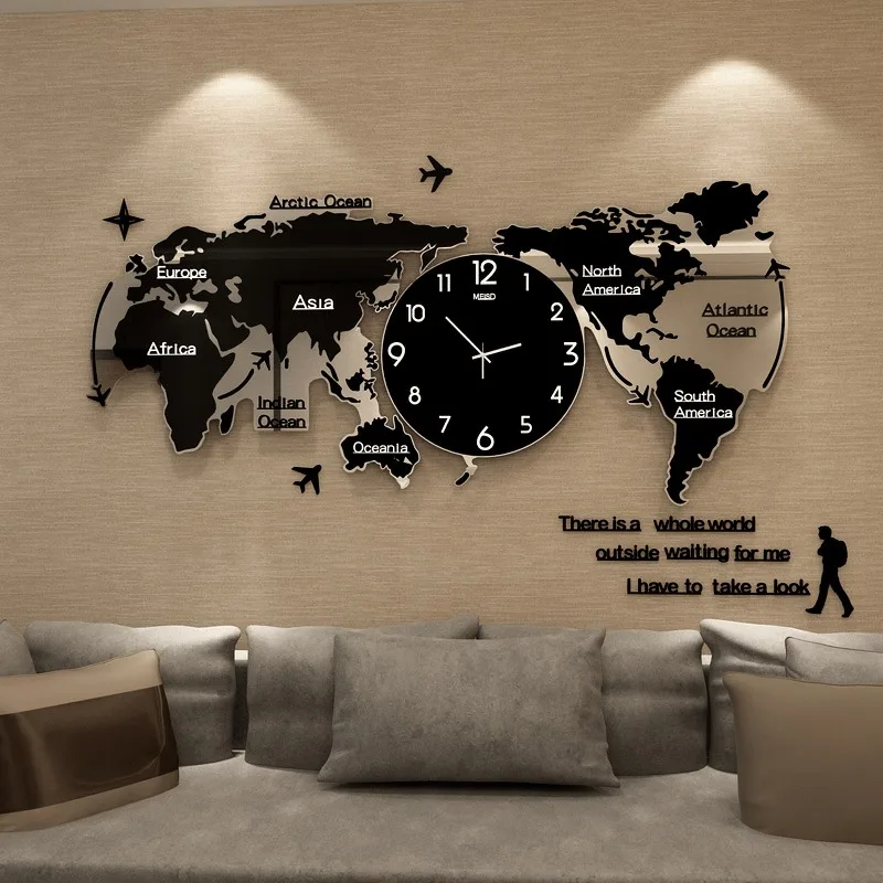 Large World Map Wall Clock 3D Black Clock Mechanism Living Room Modern  Nordic Home Watch Wall Decoration Zegar Gift Ideas FZ555