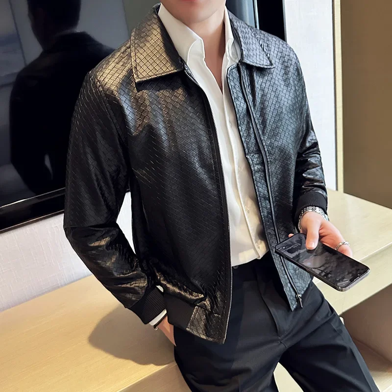2023 Autumn Winter Men High Quality Woven Leather Jacket Fashion Lapel Business Casual Motorcycle Jacket Brand Social Overcoat 2