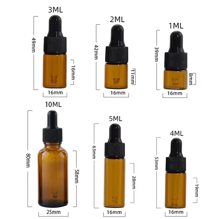 5Pcs 1-10ml Glass Dropper Bottles Mini Essential Oil Perfume Sample Containers Amber Chemical Dispenser Travel Dropper Vials