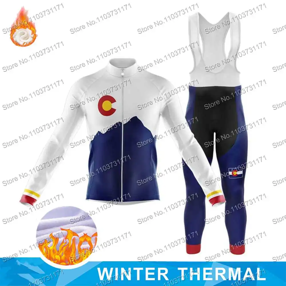 Winter Fleece Colorado Flag Cycling Jersey Set Colorado Mountain Clothing Road Bike Shirts Suit Bicycle Bib Pant MTB Maillot