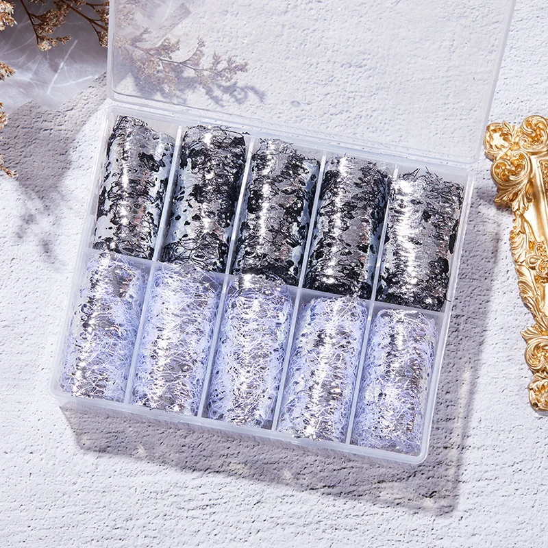 Nail Foils Nail Art 10 Rolls Mesh Net Line Style Nail Foils Nail Art Supplies 3D Line Nail Foil Glitter Starry Sky Foil Decals 3
