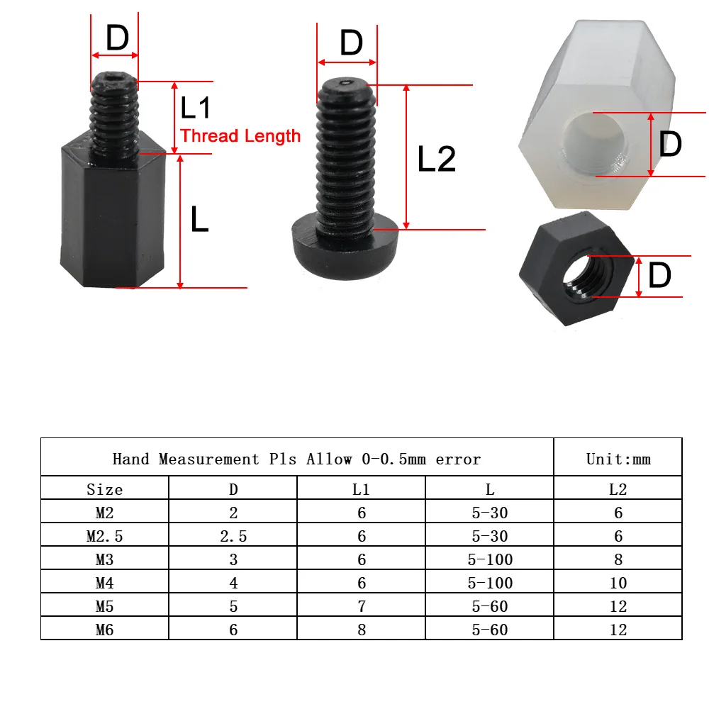 50 pièces M2 / M2.5 / M3 / M4 * L + 6mm filetage noir/blanc vis  d'espacement en plastique pour carte mère PCB fixe en nylon entretoise  entretoise pilier, noir, M3 (50PCS) 