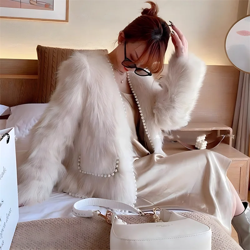 FANIECES Luxury Pearl Faux Fur Women Coat Cardigan Winter Top Warm Flurry Feather Fur Jacketجاكيت شتوي نسائي manteau femme hiver