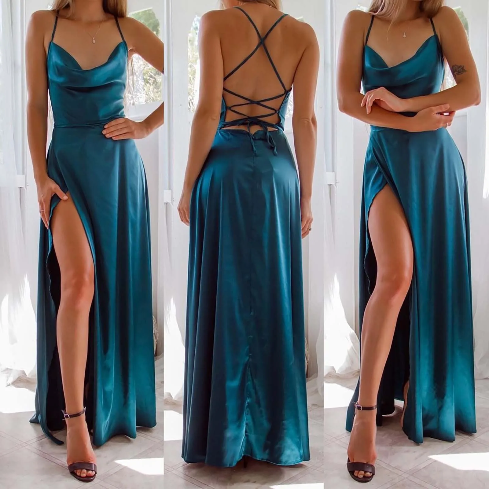 Hannah Escote En V Saten Alto Bajo Vestidos De Dama De Honor Pavo Real