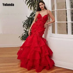 Red Mermaid Evening Dresses Sleeveless Layered Open Back Flowers Applique Brush Train Floor Length Party Dress Robe de soirée