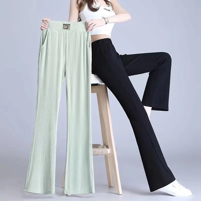 Ice Shreds Flared Pants Women Summer Thin Style 2024 New Korean All-match Large Size Casual Solid Color Affordable Trousers