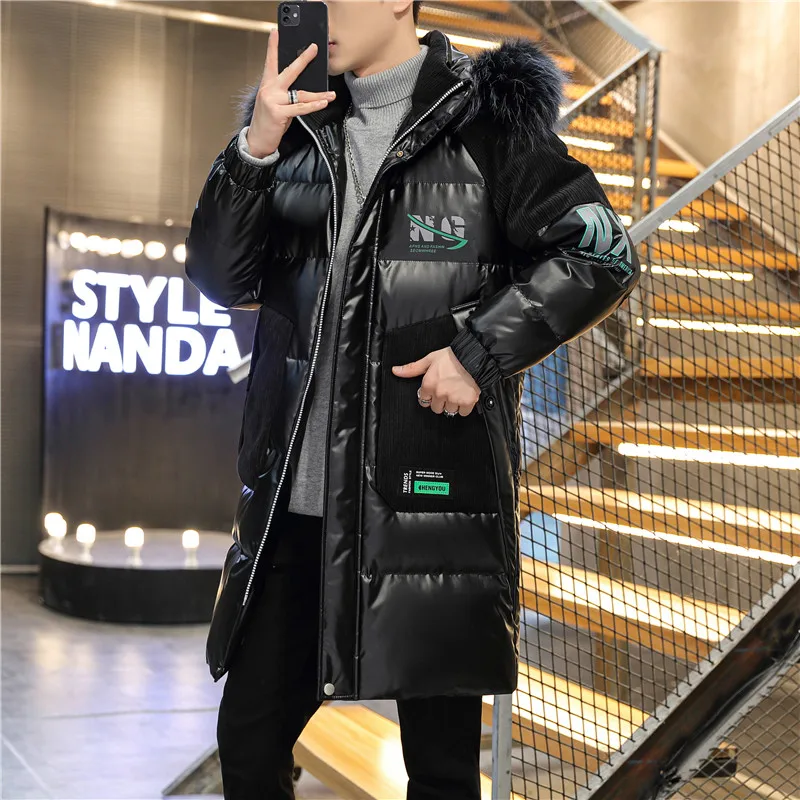 Casual Winter Men's Mid-Length Hooded Cotton-Padded Jackets Outwear Warm Windbreaker Removable Fur Collar Long Down Coats Parkas