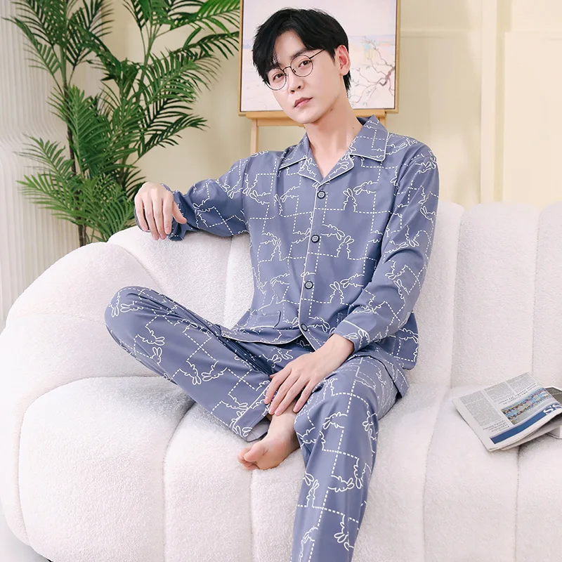 Spring Autumn Men's Milk Silk Pajamas Lapel Long Sleeve Cardigan Oversized Fashion Loose Casual Home Clothing Set