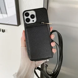 Elegant Leather Zipper Wallet Phone Case with Card Holder and Crossbody Lanyard for iPhone 12 Mini (Black)