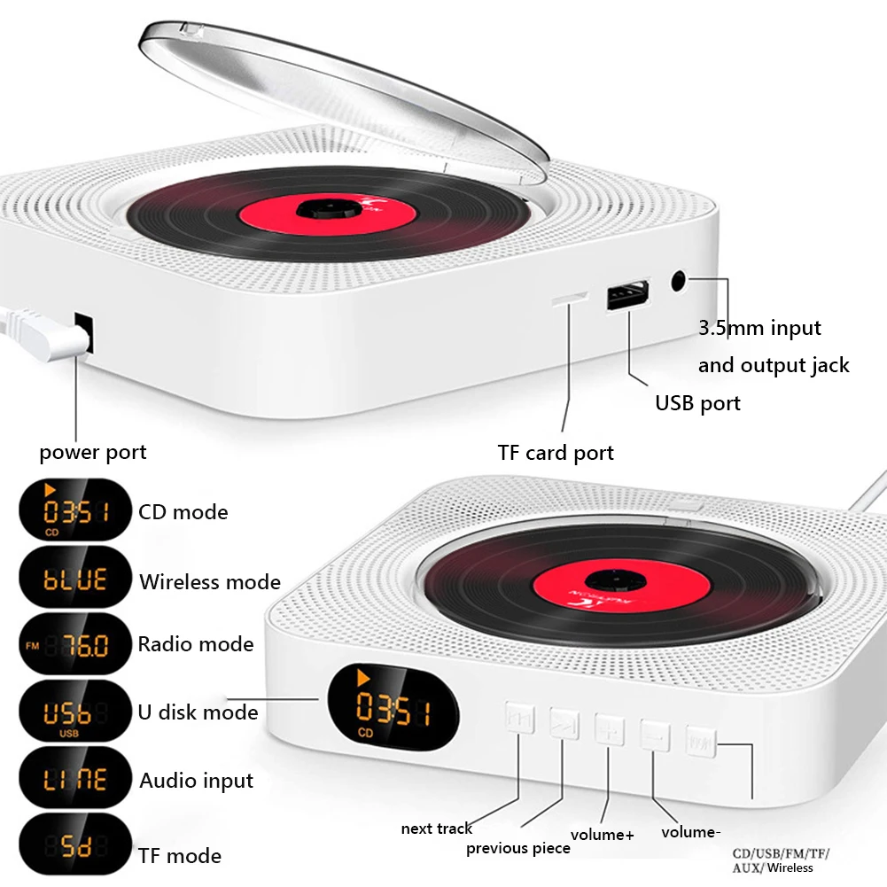 Portable CD Player Bluetooth Speaker LED Screen Wall Mounted Music Player FM Radio with Remote Control portable cd player,wall mounted cd player