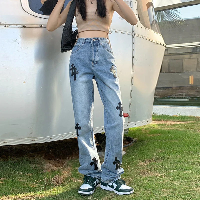 Y2K women's jeans European and American high street cross jeans  hip-hop tide brand straight loose wide-leg pants jeans women