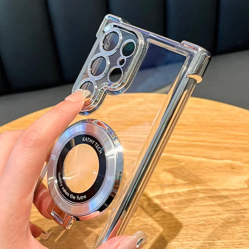 Luxury Magnetic Plating Shockproof Clear Case with Stand Holder and Acrylic Back Cover