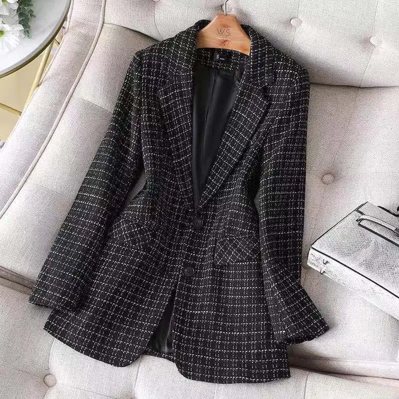 Primavera e Outono Terno Xadrez Feminino Tamanho Grande 2022 Nova Versão Coreana Moda Preto Pequena Fragrância Jaqueta Casual Solta 12 Online shopping
