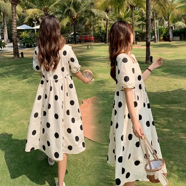 Maternity Summer Dress Fashionable Mid-Length Outfit Women's Clothing Korean Style Loose Waist Short Sleeve Polka Dot Print - 4