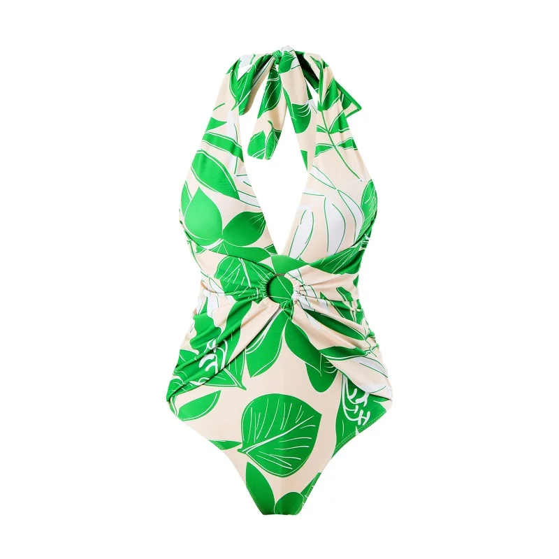 New One-Piece Swimsuit Women's Slimming Retro Swimsuit Green Printed Suit Chiffon Dress